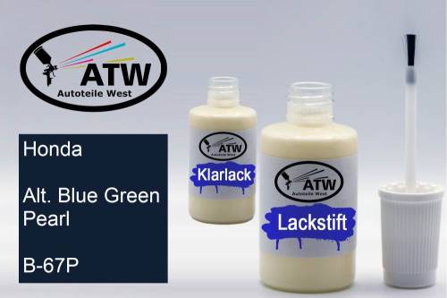 Honda, Alt. Blue Green Pearl, B-67P: 20ml Lackstift + 20ml Klarlack - Set, von ATW Autoteile West.